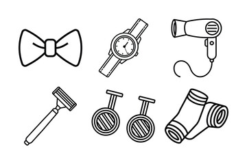 Minimalist Thick Line Art Icon Set of Men's Grooming and Fashion Accessories - Scalable and Editable Vector Illustration
