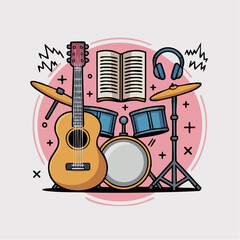 Naklejka premium Vibrant music equipment setup including guitar, drum set, headphones, and songbook, arranged in a lively composition, viewed from a straightforward angle