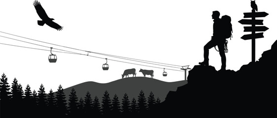Mountain hiking silhouette with backpacker, cable car gondola, grazing cows and forest landscape vector illustration isolated on white background © Arif