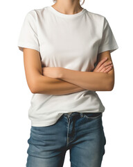 Waist-up shot of person standing confidently, blank t-shirt visible, clean mockup friendly pose, transparent background 