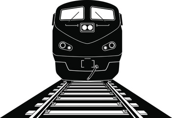 Black vector silhouette of a modern train locomotive on railway tracks for transportation logistics travel industry transit and public commuter engineering design, © MstMajeda
