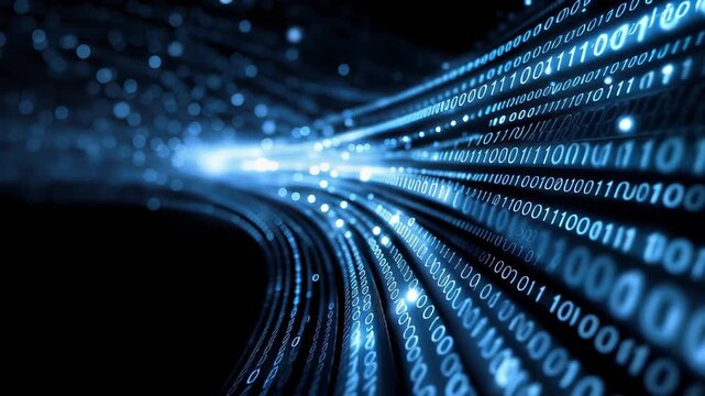 Flowing blue abstract binary code background representing digital technology and data processing in a virtual environment