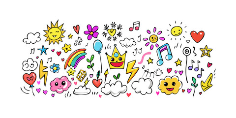 A vibrant and colorful illustration of various animals and objects in a playful arrangement Vector