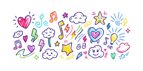 Colorful and whimsical doodle art showcasing a variety of objects and shapes Vector