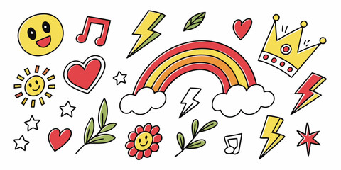 A vibrant and diverse collection of colorful illustrations featuring various objects and symbols. Vector