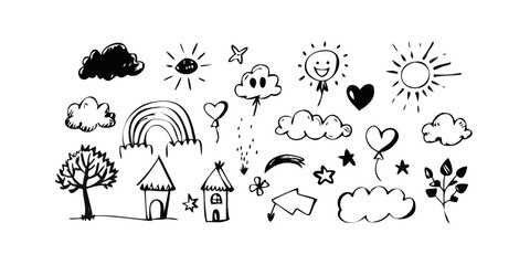 A whimsical illustration of various weather phenomena and natural elements Vector