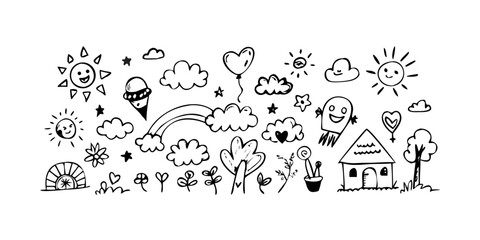 A diverse collection of black and white icons representing various activities and objects Vector