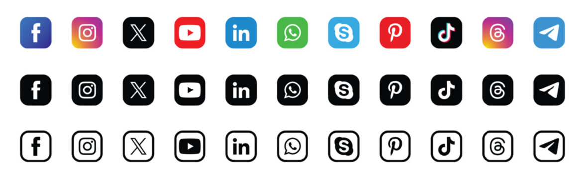 A collection of popular social media icons presented in three distinct styles. This diverse set includes icons for Facebook, Instagram, X, YouTube, LinkedIn, WhatsApp, Skype, Pinterest  and TikTok