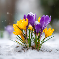 Vibrant purple and yellow crocus flowers blooming through snow in early spring