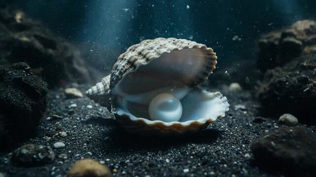 A pristine white pearl rests within an open shell on a sandy ocean floor. Rays of light filter down