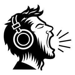 A man sings loudly while listening to music through headphones. Music icon