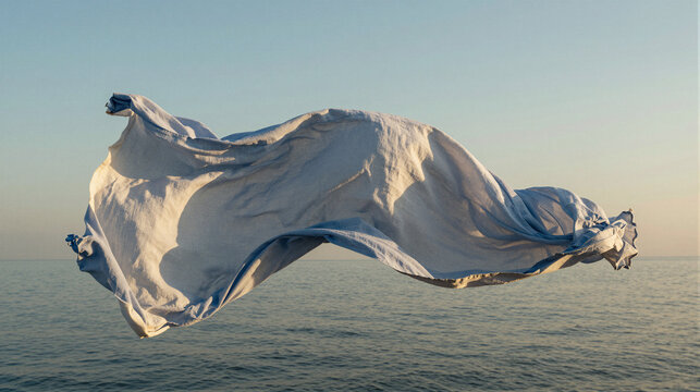 A flowing, two-toned fabric�white and blue�is caught in the wind over dry grass under a clear sky.