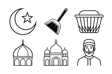 Minimalist Islamic Culture and Daily Life Line Art Icon Set - Scalable and Editable Vector Illustration

