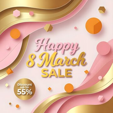 Modern Happy March 8 Sale Banner with Paper Cut Abstract Waves, Golden 3D Shapes and 55 Percent Discount 