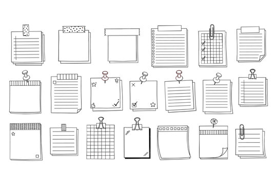 Collection of various blank and lined notepads with clips and pins, vector illustration
