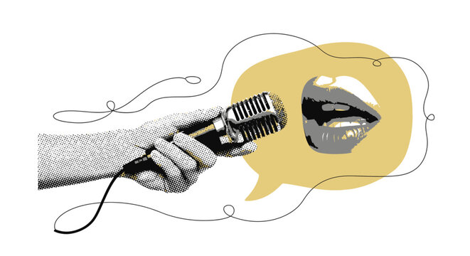 Hand holding microphone with speech bubble and lips 