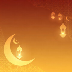 Obraz premium A warm orange and brown gradient background with a large golden crescent moon and glowing Islamic lanterns, suitable for Ramadan or Eid.