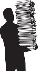 Silhouette illustration of man carrying tall stack of heavy books and documents in vector