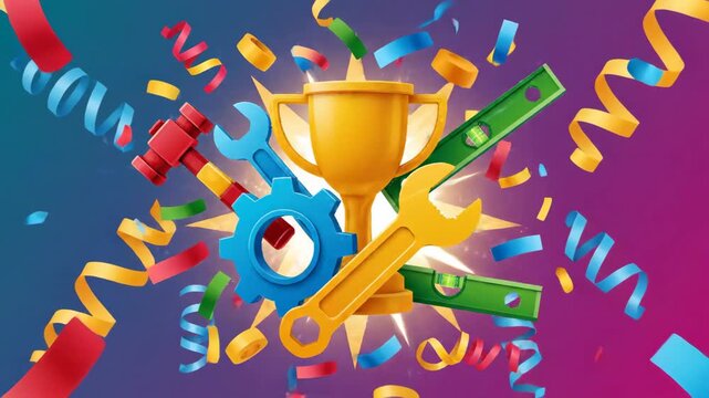 Celebrating construction success with trophy,tools and confetti animated background video for project accomplishment and engineering achievement