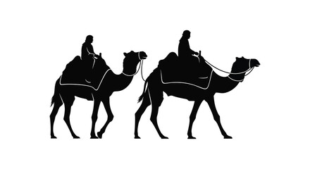 A striking black silhouette depicts two camels with riders traversing a seemingly endless desert landscape high quality professional detailed © VoDesign02