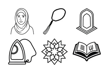 Minimalist Islamic Religion and Daily Life Line Art Icon Set - Scalable and Editable Vector Illustration
