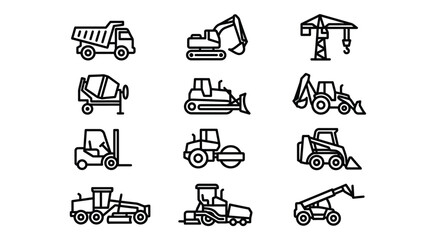 Construction Vehicles and Heavy Machinery Line Art Icons Set: Dump Truck, Excavator, Crane, and More © STM  2.0