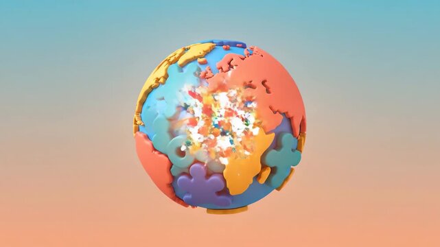 Global unity and connection puzzle globe forming with colorful continents and interlocking pieces representing international collaboration