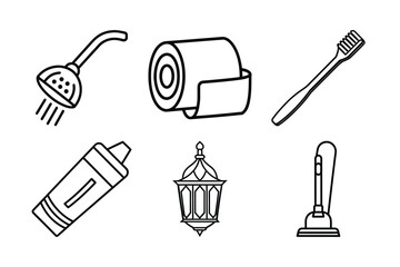 Minimalist Line Art Icon Set of Bathroom Essentials, Personal Hygiene, and Household Cleaning - Scalable and Editable Vector Illustration
