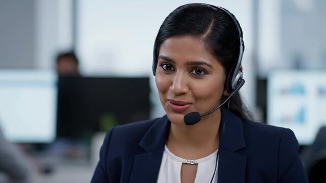 A professional woman with a headset smiles, in an office setting