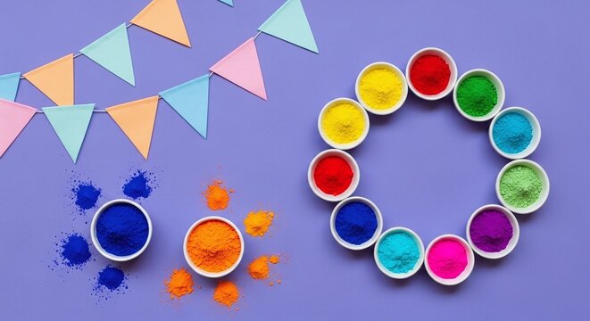 Colorful paint palette and decorations on purple background for creative projects
