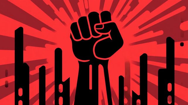 Raised fist solidarity illustration of resistance and power in striking red and black with urban skyscraper silhouettes background animation