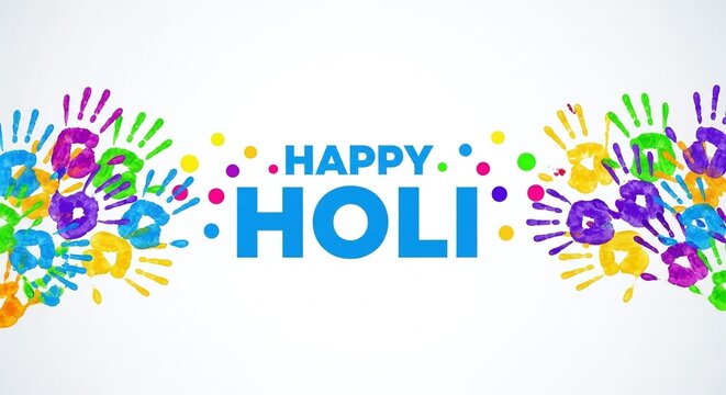 Colorful holi celebration with handprints and happy holi text on white background