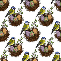 Seamless vector pattern of blue tit birds with Easter eggs in nests and blooming branches © Khrystyna Turchyn