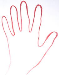 Obraz premium The outline of a human palm, outlined in red pencil, five fingers