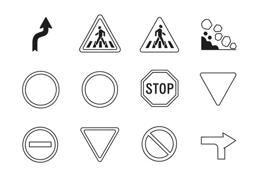 Collection of twelve black and white road sign outlines and symbols