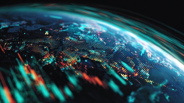 Global Data Flow: A captivating image showcases the Earth enveloped in a radiant tapestry of data streams and luminous energy patterns.