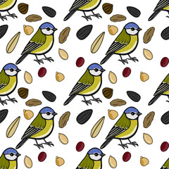 Seamless vector pattern illustration of blue tit birds and various seeds on white background © Khrystyna Turchyn