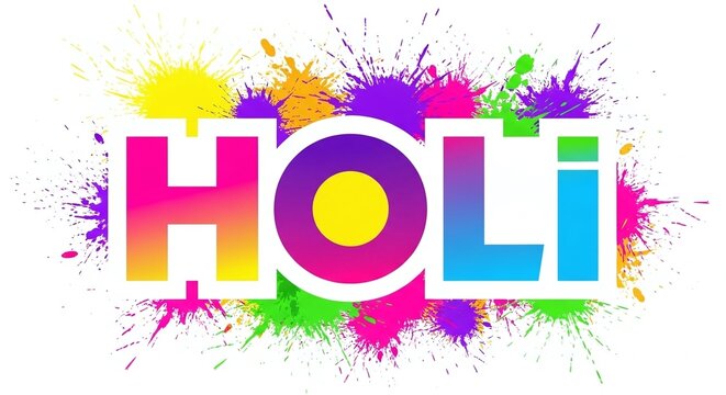 Holi festival colorful text with paint splashes on white background