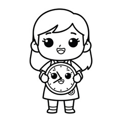 Cute cartoon girl holding a happy smiling alarm clock.