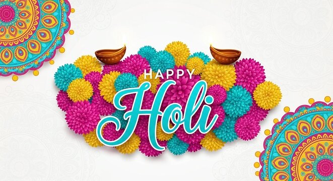 Colorful holi celebration graphic with happy holi text and decorative elements on white background