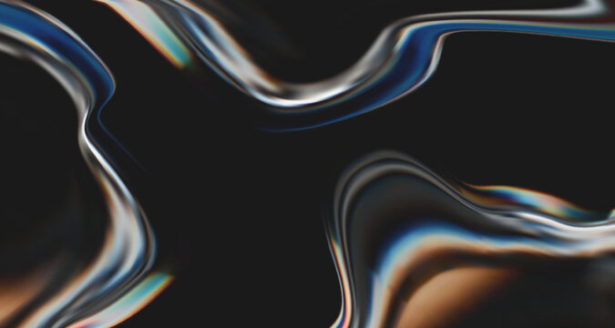 Poster with modern 3d liquid glass element isolated on a black background. 3d render of transparent form, mirror with holographic gradient and light dispersion, refraction and iridescent effects