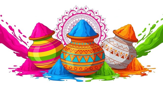 Colorful holi festival pots with vibrant powders and decorative patterns