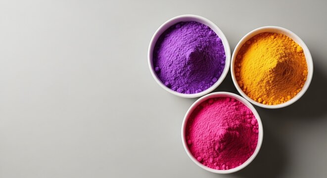 Vibrant colored powders in small white bowls on gray surface