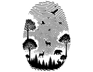 Fototapeta premium Human Fingerprint Concept with Forest Trees and Wild Animals, Nature Conservation and Ecology Awareness Illustration, Minimalist Wildlife and Environment Line Art Vector Design.