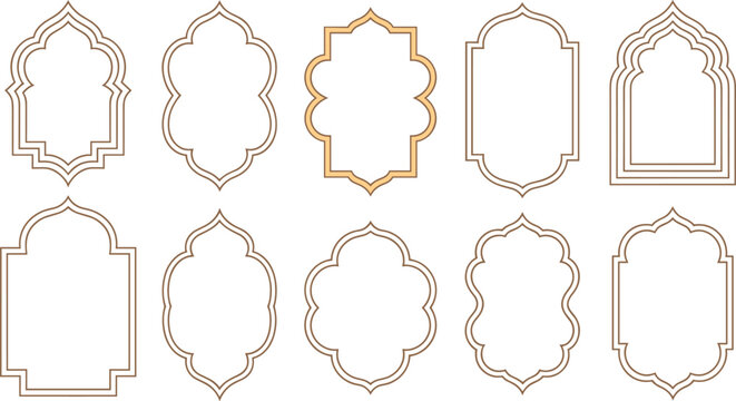Comprehensive set of ten decorative gold line Islamic and Oriental frames featuring traditional architectural silhouettes for elegant cultural invitations and graphic design.