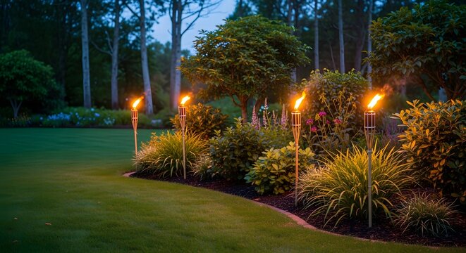 A serene garden landscape with tiki torches at dusk or dawn