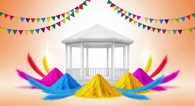 Vibrant holi celebration with colorful powders and feathers around a white gazebo