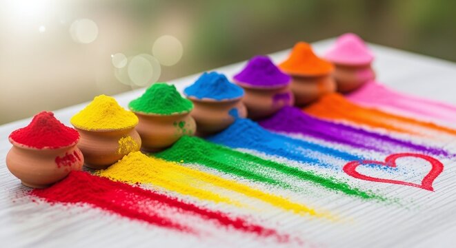 Vibrant colored powders in small pots on a white surface with rainbow hues