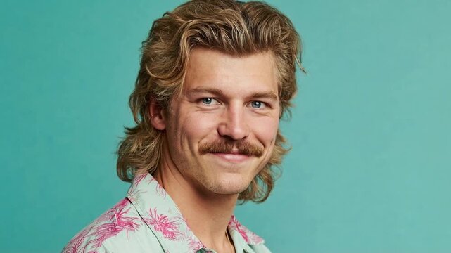 Confident young man with stylish mullet haircut and mustache smiling against vibrant blue background in modern studio portrait celebrating individuality charisma and retro inspired fashion