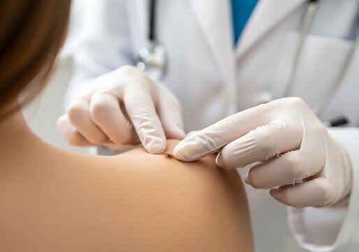 Doctor examining a mole on a patient's shoulder with gloved hands